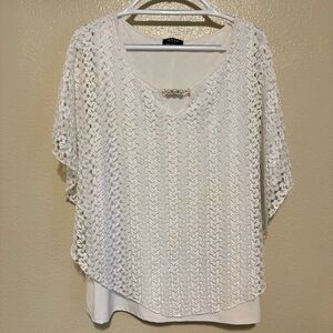 Onyx Apparel White Lace Overlay Top Blouse Poncho Capelet Embellished Neck 2X